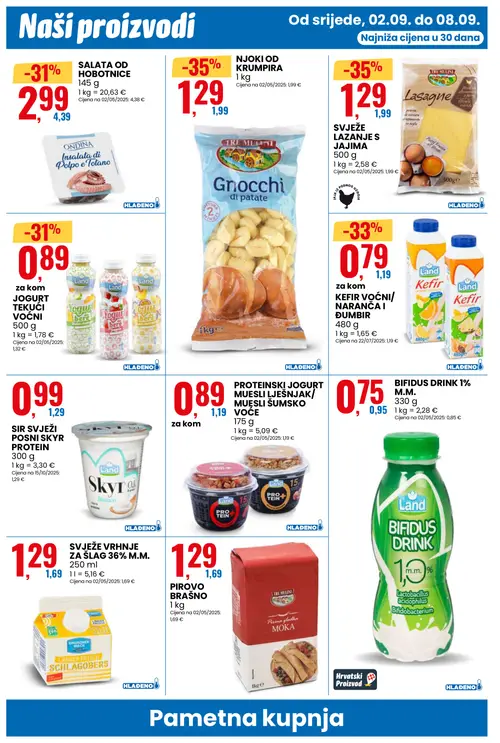 Eurospin katalog — stranica 4: TRE MULINI SVJEŽE LAZANJE S JAJIMA, TRE MULINI NJOKI OD KRUMPIRA, Land KEFIR VOĆNI/ NARANČA I ĐUMBIR, Land JOGURT TEKUĆI VOĆNI (vrijedi 02.09.–08.09.2026.)