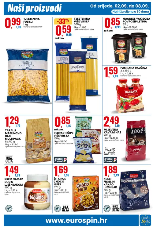 Eurospin katalog — stranica 5: TJESTENINA VIŠE VRSTA, TJESTENINA FUSILLI, TARALLI MASLINOVO ULJE MULTIPACK, REBRASTI ČIPS VIŠE VRSTA (vrijedi 02.09.–08.09.2026.)