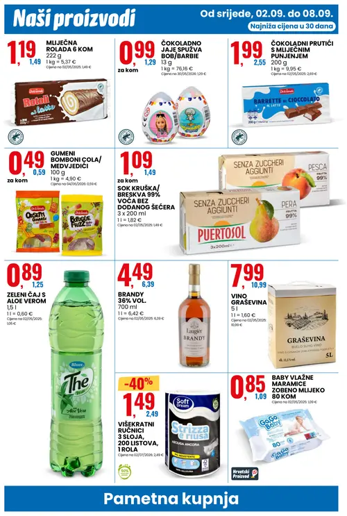 Eurospin katalog — stranica 6: Soft Dream VIŠEKRATNI RUČNICI 3 SLOJA, 200 LISTOVA, 1 ROLA, Laugier BRANDY 36% VOL., ZELENI ČAJ S ALOE VEROM, VINO GRAŠEVINA (vrijedi 02.09.–08.09.2026.)