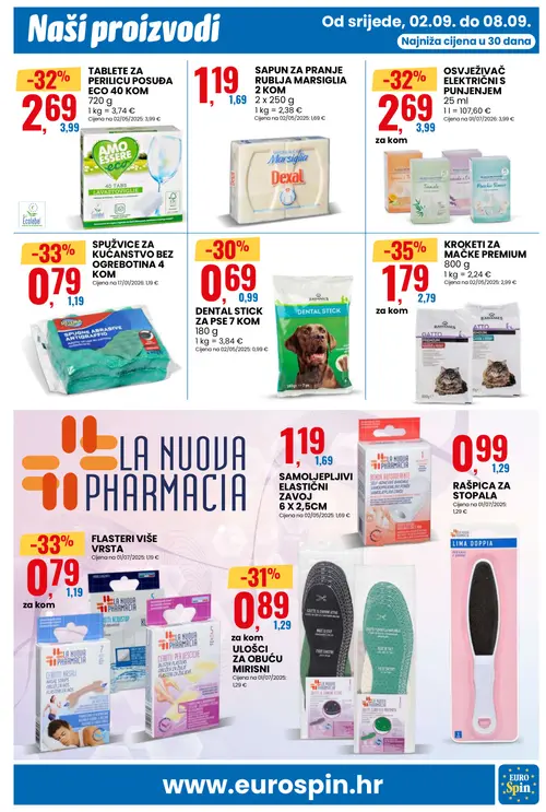 Eurospin katalog — stranica 7: RADAMES KROKETI ZA MAČKE PREMIUM, SPUŽVICE ZA KUĆANSTVO BEZ OGREBOTINA 4 KOM, FLASTERI VIŠE VRSTA, OSVJEŽIVAČ ELEKTRIČNI S PUNJENJEM (vrijedi 02.09.–08.09.2026.)