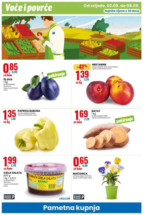 Eurospin katalog — stranica 8: NEKTARINE, MAĆUHICA, BATAT, PAPRIKA BABURA (vrijedi 02.09.–08.09.2026.)