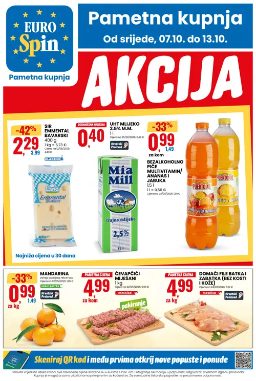Eurospin katalog — stranica 1: SIR EMMENTAL BAVARSKI, PUERTOSOL BEZALKOHOLNO PIĆE MULTIVITAMIN/ANANAS I JABUKA, MANDARINA, DOMAĆI FILE BATKA I ZABATKA (BEZ KOSTI I KOŽE) (vrijedi 07.10.–13.10.2026.)