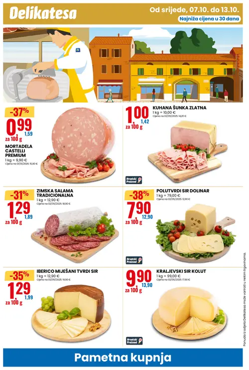 Eurospin katalog — stranica 10: POLUTVRDI SIR DOLINAR, MORTADELA CASTELLI PREMIUM, IBERICO MIJEŠANI TVRDI SIR, ZIMSKA SALAMA TRADICIONALNA (vrijedi 07.10.–13.10.2026.)