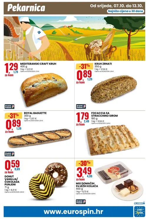 Eurospin katalog — stranica 11: ROYAL BAGUETTE, KRUH ZRNATI, MIX DOMAĆIH SVEŽIH KOLAČA, FOCACCIA SA STRACCHINO SIROM (vrijedi 07.10.–13.10.2026.)