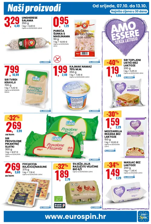 Eurospin katalog — stranica 3: AMO ESSERE SIR TOPLJENI LISTIĆI BEZ LAKTOZE, AMO ESSERE MASLAC BEZ LAKTOZE, Land SIR PROVOLONE PIKANTNI/ SLATKI, BIO 6/1 SVJEŽA JAJA RAZLIČITE VELIČINE (vrijedi 07.10.–13.10.2026.)