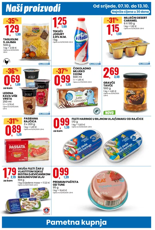 Eurospin katalog — stranica 4: Land ČOKOLADNO MLIJEKO 3 KOM, JEREZ LEDENA KAVA VIŠE VRSTA, TAGLIOLINI S JAJIMA, MLIJEČNI DESERT CARAMEL (vrijedi 07.10.–13.10.2026.)