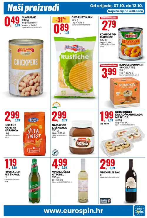 Eurospin katalog — stranica 5: Mambo Kids ČIPS RUSTIKALNI, AB Best Brau PIVO LAGER PET 5% VOL., Delizie Sole SLANUTAK, VINO MUŠKAT OTTONEL (vrijedi 07.10.–13.10.2026.)