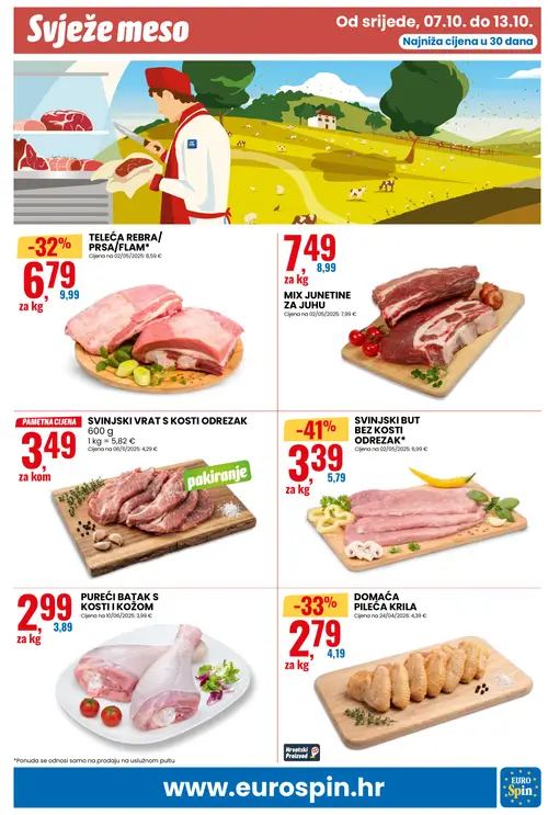 Eurospin katalog — stranica 9: SVINJSKI BUT BEZ KOSTI ODRESAK*, DOMAĆA PILEĆA KRILA, TELEĆA REBRA/ PRSA/FLAM*, PUREĆI BATAK S Kosti I KOŽOM (vrijedi 07.10.–13.10.2026.)