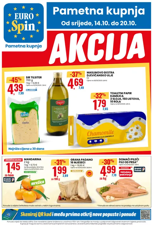 Eurospin katalog — stranica 1: SIR TILSITER 700 g, MASLINOVO EKSTRA DJEVIČANSKO ULJE, TOALETNI PAPIR KAMILICA 3 SLOJA, 150 LISTOVA, 10 ROLA, GRANA PADANO 16 MJESECI (vrijedi 14.10.–20.10.2026.)