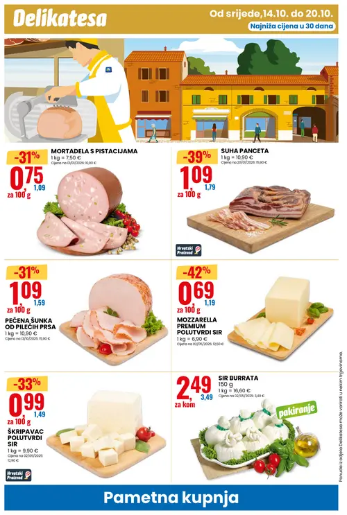Eurospin katalog — stranica 10: MOZZARELLA PREMIUM POLUTVRDI SIR, SUHA PANCETA, ŠKRIPAVAC POLUTVRDI SIR, PEČENA ŠUNKA OD PILEĆIH PRSA (vrijedi 14.10.–20.10.2026.)