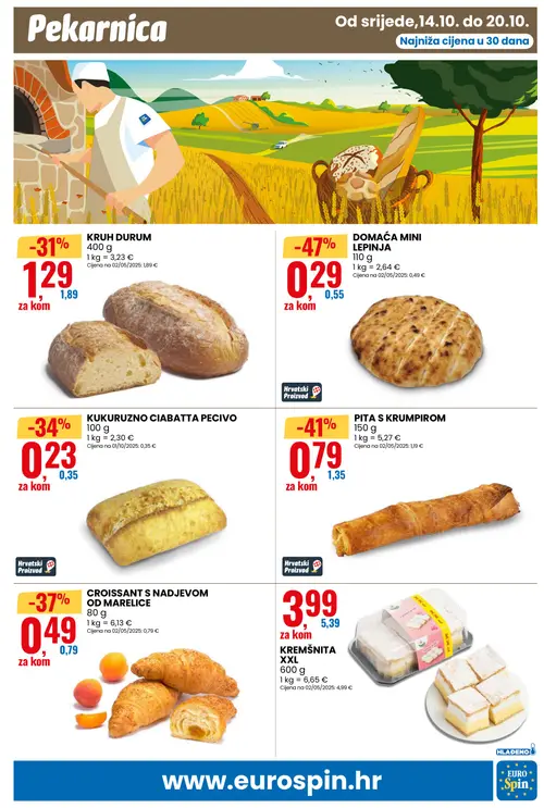 Eurospin katalog — stranica 11: DOMAĆA MINI LEPINJA, PITA S KRUMPIROM, CROISSANT S NADJEVOM OD MARELICE, KUKURUZNO CIABATTA PECIVO (vrijedi 14.10.–20.10.2026.)