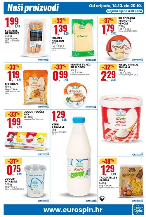 Eurospin katalog — stranica 3: TRE MULINI TAGLIATELLE S JAJIMA, Land SIR TOPLJENI TROKUTIĆI 16 KOM, Land MOUSSE SVJEŽI SIR I LOSOS, Land SIR RIBANI (vrijedi 14.10.–20.10.2026.)