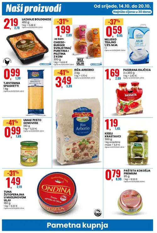 Eurospin katalog — stranica 4: Delizie Sole RIŽA ARBORIO, Delizie Sole UMAK PESTO GENOVESE, Land MLIJEKO TRAJNO 1,5% M.M., ONDINA TUNA ŽUTOPERAJNA U MASLINOVOM ULJU (vrijedi 14.10.–20.10.2026.)
