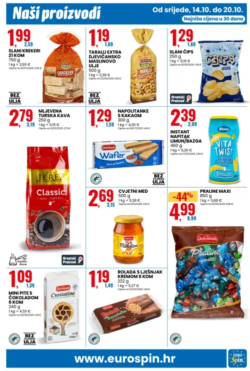 Eurospin katalog — stranica 5: PRALINE MAXI, TARALLI EXTRA DJEVIČANSKO MASLINOVO ULJE, SLANI ČIPS, SLANI KREKERI (vrijedi 14.10.–20.10.2026.)