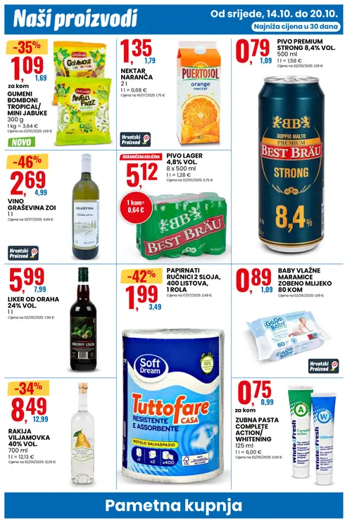 Eurospin katalog — stranica 6: VINO GRAŠEVINA ZOI, Soft Dream PAPIRNATI RUČNICI 2 SLOJA, 400 LISTOVA, 1 ROLA, Dolciando GUMENI BOMBONI TROPICAL/ MINI JABUKE, RAKIJA VILJAMOVKA 40% VOL. (vrijedi 14.10.–20.10.2026.)