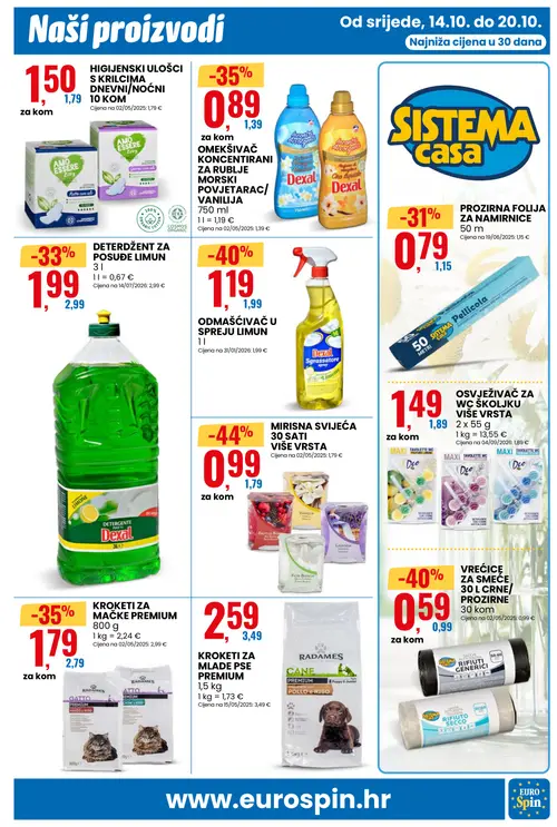 Eurospin katalog — stranica 7: MIRISNA SVIJEĆA 30 SATI VIŠE VRSTA, SISTEMA CASA VREĆICE ZA SMEĆE 30 L CRNE/PROZIRNE, Dexal ODMAŠČIVAČ U SPREJU LIMUN, Dexal OMEKŠIVAČ KONCENTRIRANI ZA RUBLJE-MORSKI POVJETARAC/VANILIJA (vrijedi 14.10.–20.10.2026.)