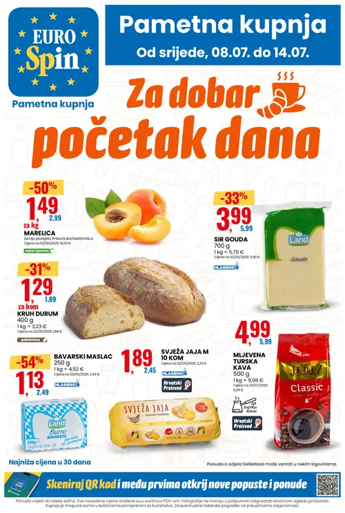 Eurospin katalog — stranica 1: Land BAVARSKI MASLAC, MARELICA, Land SIR GOUDA, KRUH DURUM (vrijedi 08. 07. 2026.–14. 07. 2026.)