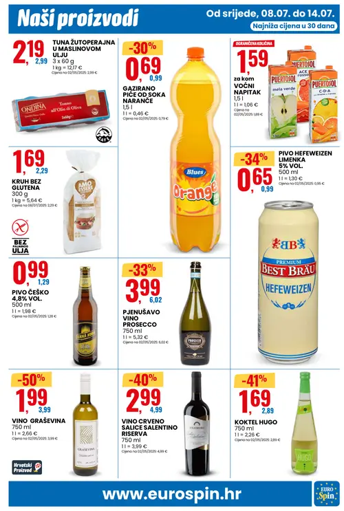 Eurospin katalog — stranica 11: VINO GRAŠEVINA, KOKTEL HUGO, SOLEMORO VINO CRVENO SALICE SALENTINO RISERVA, VILLA DELLA OLMI PJENUŠAVO VINO PROSECCO (vrijedi 08. 07. 2026.–14. 07. 2026.)