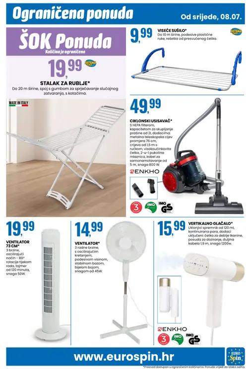 Eurospin katalog — stranica 13: SISTEMA CASA VISEĆE SUŠILO*, SISTEMA CASA STALAK ZA RUBLJE*, ENKHO CIKLONSKI USISAVAČ*, VENTILATOR 73 CM* (vrijedi 08. 07. 2026.–14. 07. 2026.)