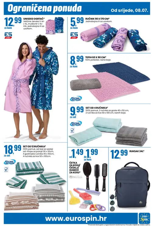 Eurospin katalog — stranica 15: FIOR di MAGNOLIA ČETKA ZA KOSU/ ČEŠALJ/ GUMICE ZA KOSU*, UNISEKS OGRTAČ*, RUČNIK 90 X 170 CM*, TEPIH 60 X 90 CM* (vrijedi 08. 07. 2026.–14. 07. 2026.)