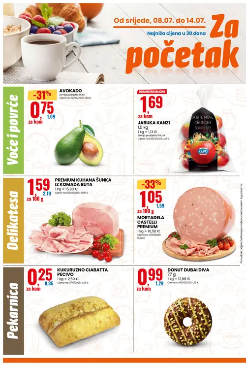Eurospin katalog — stranica 2: MORTADELA CASTELLI PREMIUM, AVOKADO, KUKURUZNO CIABATTA PECIVO, PREMIUM KUHANA ŠUNKA IZ KOMADA BUTA (vrijedi 08. 07. 2026.–14. 07. 2026.)
