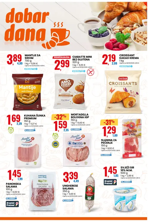 Eurospin katalog — stranica 3: Fresche Fette MORTADELLA BOLOGNA IGP, La Bottega del Gusto SLANINA ZA PEČENJE, PANONSKA SALAMA, Dolciando CROISSANT KAKAO KREMA (vrijedi 08. 07. 2026.–14. 07. 2026.)