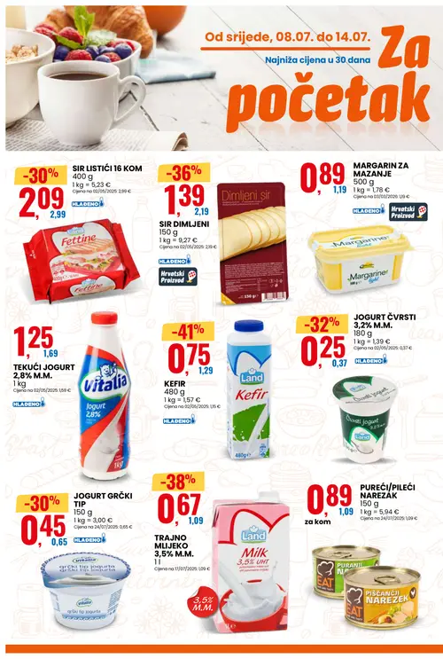 Eurospin katalog — stranica 4: Land KEFIR, Land TRAJNO MLIJEKO 3,5% M.M., SIR DIMLJENI, Land JOGURT ČVRSTI 3,2% M.M. (vrijedi 08. 07. 2026.–14. 07. 2026.)