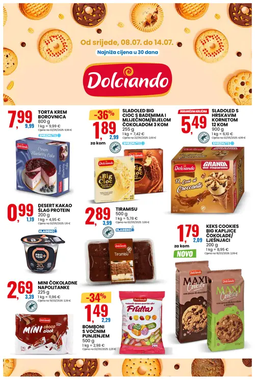 Eurospin katalog — stranica 8: Dolciando SLADOLED BIG CIOC S BADEMIMA I MLIJEČNOM/BIJELOM ČOKOLADOM 3 KOM, Dolciando BOMBONI S VOĆNIM PUNJENJEM, Dolciando TIRAMISU, Dolciando MINI ČOKOLADNE NAPOLITANKE (vrijedi 08. 07. 2026.–14. 07. 2026.)