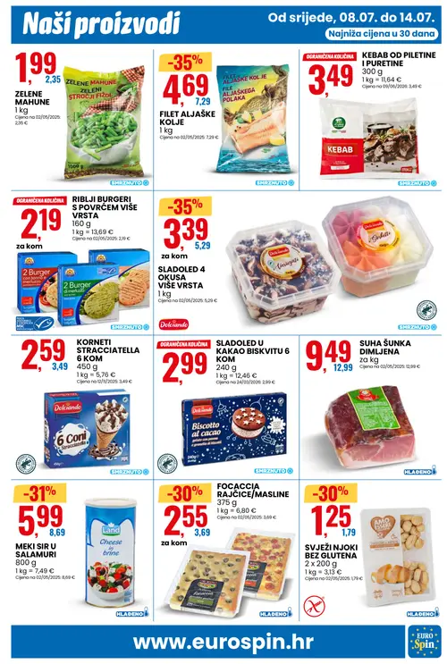 Eurospin katalog — stranica 9: SLADOLED 4 OKUSA VIŠE VRSTA, FILET ALJAŠKE KOLJE, Land MEKI SIR U SALAMURI, Tre Mulini FOCACCIA RAJČICE/MASLINE (vrijedi 08. 07. 2026.–14. 07. 2026.)