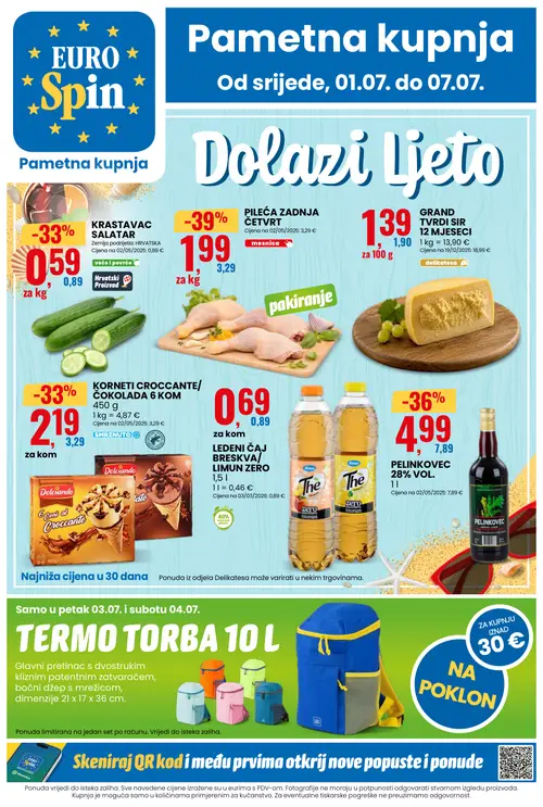 Eurospin katalog — stranica 1: PILEĆA ZADNJA ČETVRT, Pelinkovac PELINKOVEC 28% VOL., KRASTAVAC SALATAR, Dolciando KORNETI CROCCANTE/ ČOKOLADA 6 KOM (vrijedi 01. 07. 2026.–07. 07. 2026.)