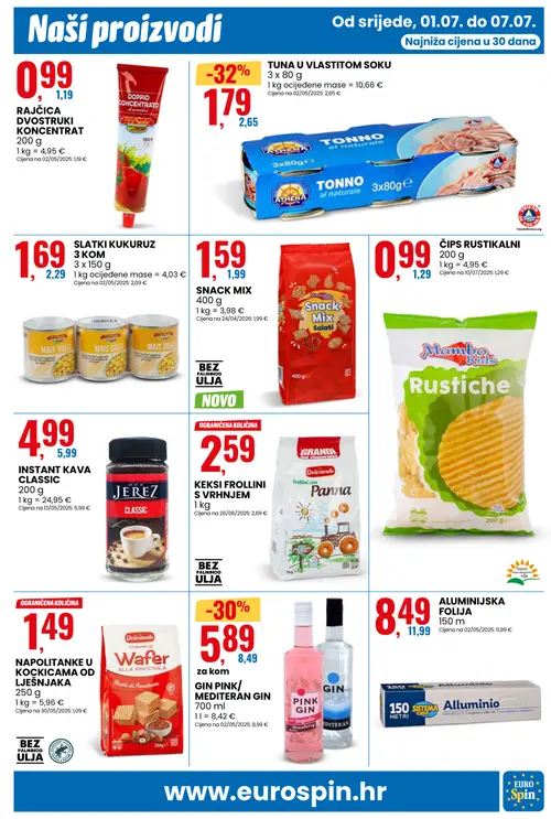 Eurospin katalog — stranica 11: ATHENA TUNA U VLASTITOM SOKU, GIN PINK/MEDITERAN GIN, SISTEMA CASA ALUMINIJSKA FOLIJA, MAIS DOLCE SLATKI KUKURUZ (vrijedi 01. 07. 2026.–07. 07. 2026.)