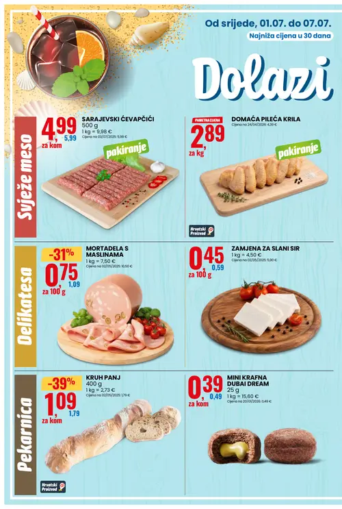 Eurospin katalog — stranica 2: KRUH PANJ, DOMAĆA PILEĆA KRILA, MORTADELA S MASLINAMA, ZAMJENA ZA SLANI SIR (vrijedi 01. 07. 2026.–07. 07. 2026.)