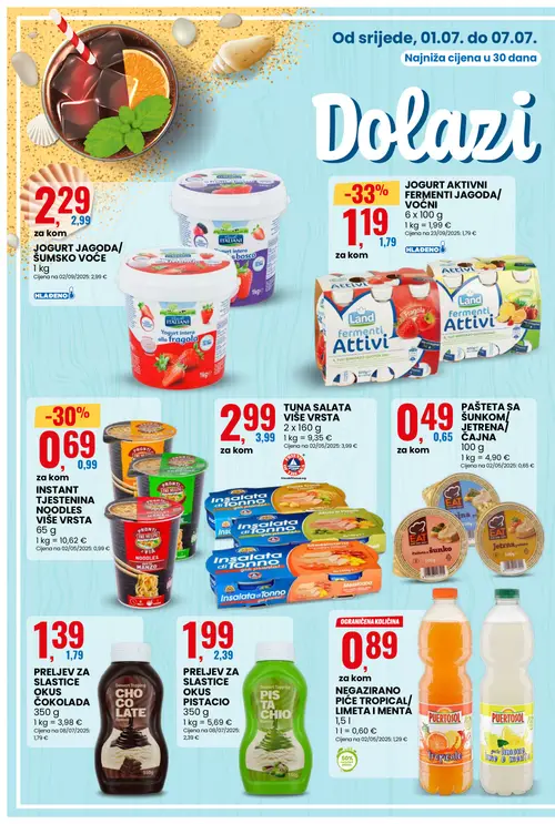 Eurospin katalog — stranica 4: Land JOGURT AKTIVNI FERMENTI JAGODA/ VOĆNI, PUERTOSOL NEGAZIRANO PIĆE TROPICAL/ LIMETA I MENTA, INSTANT TJESTENINA NOODLES VIŠE VRSTA, FRIEND OF THE SEA TUNA SALATA (vrijedi 01. 07. 2026.–07. 07. 2026.)