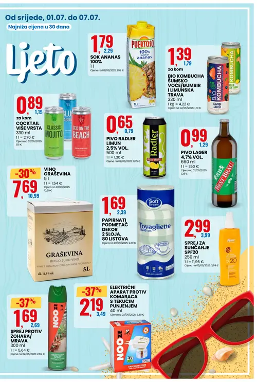 Eurospin katalog — stranica 5: NOOZ Sprej protiv žohara/mrava, NOOZ Električni aparat protiv komaraca s tekućim punjenjem, GRAŠEVINA Vino graševina bijelo suho vino, Soft Dream Papirnati podmetač dekor 2 sloja, 80 listova (vrijedi 01. 07. 2026.–07. 07. 2026.)