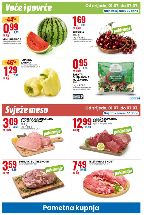Eurospin katalog — stranica 6: PAPRIKA BABURA, MINI LUBENICA, TELEĆI VRAT S KOSTI, STRIBOR SALATA GURMANSKA MJJEŠAVINA (vrijedi 01. 07. 2026.–07. 07. 2026.)