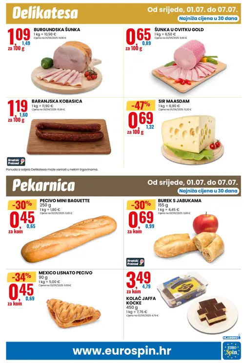 Eurospin katalog — stranica 7: SIR MAASDAME, MEXICO LISNATO PECIVO, PECIVO MINI BAGUETTE, BUREK S JABUKAMA (vrijedi 01. 07. 2026.–07. 07. 2026.)