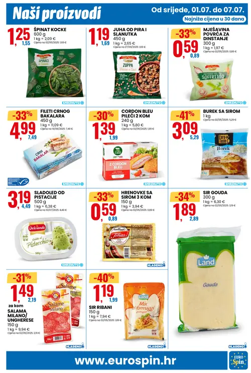Eurospin katalog — stranica 9: Euro Taste BUREK SA SIROM, Land SIR RIBANI, Land SIR GOUDA, MJEŠAVINA POVRĆA ZA DINSTANJE (vrijedi 01. 07. 2026.–07. 07. 2026.)