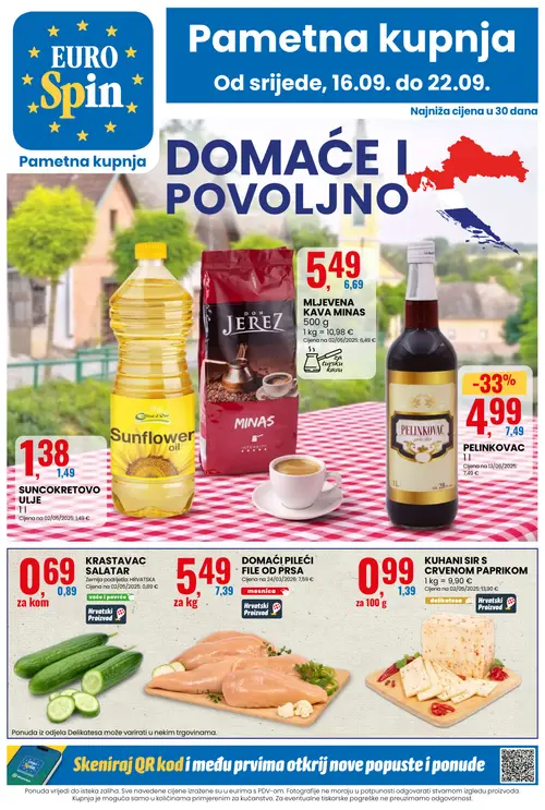 Eurospin katalog — stranica 1: PELINKOVAC, KUHANI SIR S CRVENOM PAPRIKOM, DOMAĆI PILEĆI FILE OD PRSA, KRASTAVAC SALATAR (vrijedi 16. 09. 2026.–22. 09. 2026.)
