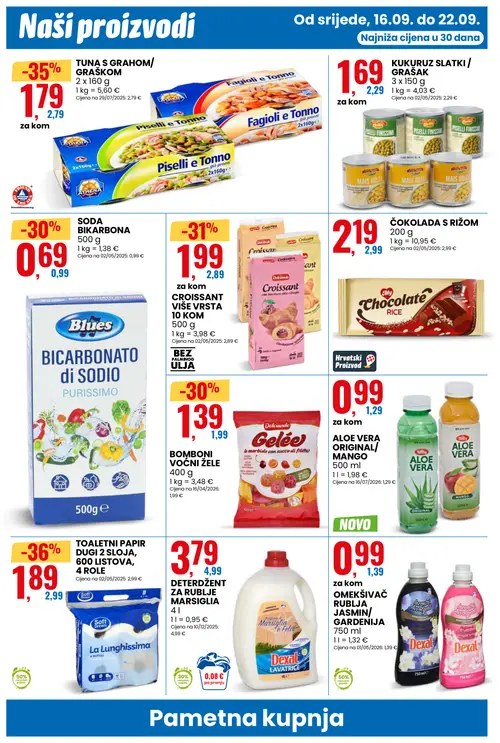 Eurospin katalog — stranica 10: Soft Dream TOALETNI PAPIR DUGI 2 SLOJA, 600 LISTOVA, 4 ROLE, TUNA S GRAHOM/GRAŠKOM, Dolfinante CROISSANT VIŠE VRSTA, Blues SODA BIKARBONA (vrijedi 16. 09. 2026.–22. 09. 2026.)