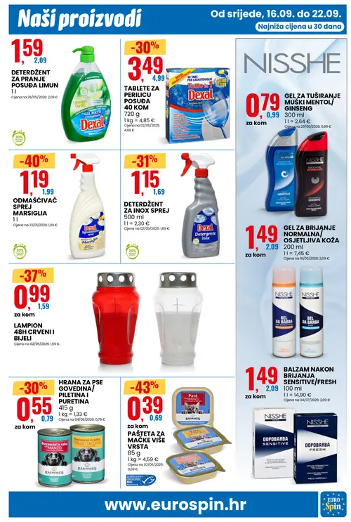 Eurospin katalog — stranica 11: RADAMES PAŠTETA ZA MAČKE VIŠE VRSTA, DEXAL ODMAŠČIVAČ SPREJ MARSIGLIA, LAMPION 48H CRVENI I BIJELI, DEXAL DETERDŽENT ZA INOX SPREJ (vrijedi 16. 09. 2026.–22. 09. 2026.)