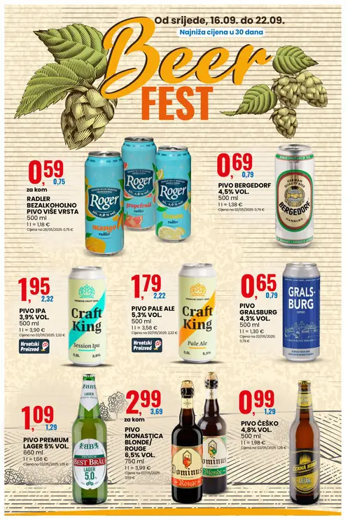 Eurospin katalog — stranica 12: ČERNÁ HORA Pivo Češko 4,8% vol., Roger RADLER BEZALKOHOLNO PIVO VIŠE VRSTA, Craft King Pivo Pale Ale 5,3% vol., Pivo Monastica Blonde/Rouge 6,5% vol. (vrijedi 16. 09. 2026.–22. 09. 2026.)
