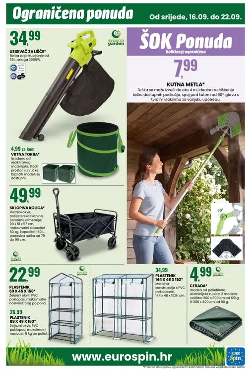 Eurospin katalog — stranica 15: euro garden USISIVAČ ZA LIŠĆE*, VRTNA TORBA*, euro garden SKLOPIVA KOLICA*, euro garden PLASTENIK 69 X 45 X 158* (vrijedi 16. 09. 2026.–22. 09. 2026.)