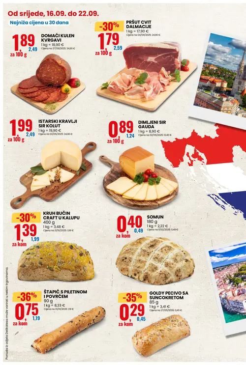 Eurospin katalog — stranica 2: ŠTAPIĆ S PILETINOM I POVRĆEM, GOLDY PECIVO SA SUNCOKRETOM, PRŠUT CVIT DALMACIJE, KRUH BUČIN CRAFT U KALUPU (vrijedi 16. 09. 2026.–22. 09. 2026.)