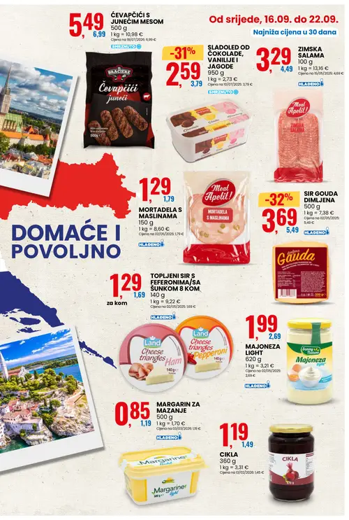 Eurospin katalog — stranica 3: SIR GOUDA DIMLJENA, ŠLAĐOLED OD ČOKOLADE, VANILIJE I JAGODE, MARGARIN ZA MAZANJE, MORTADELA S MASLINAMA (vrijedi 16. 09. 2026.–22. 09. 2026.)