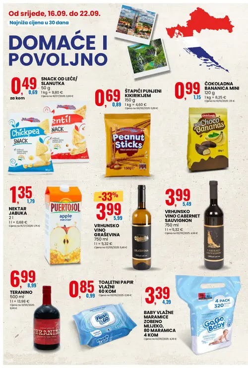 Eurospin katalog — stranica 4: VRHUNSKO VINO GRAŠEVINA, SNACK OD LEĆE/ SLANUTKA, VRHUNSKO VINO CABERNET SAUVIGNON, PUERTOSOL NEKTAR JABUKA (vrijedi 16. 09. 2026.–22. 09. 2026.)