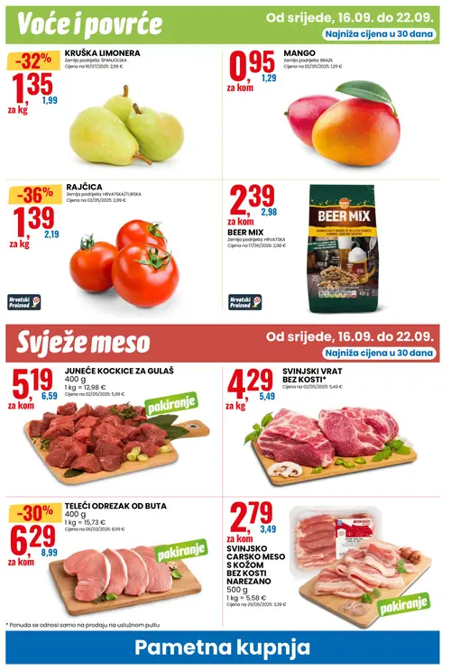 Eurospin katalog — stranica 6: RAJČICA, KRUŠKA LIMONERA, TELEĆI ODREZAK OD BUTA, MANGO (vrijedi 16. 09. 2026.–22. 09. 2026.)