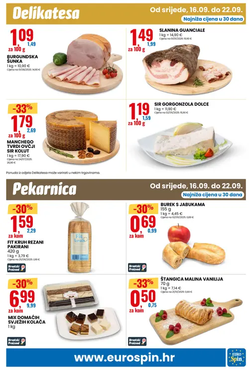 Eurospin katalog — stranica 7: MANCHEGO TVRDI OVČJI SIR KOLUT, ŠTANGICA MALINA VANILIJA, FIT KRUH REZANI PAKIRANI, BUREK S JABUKAMA (vrijedi 16. 09. 2026.–22. 09. 2026.)