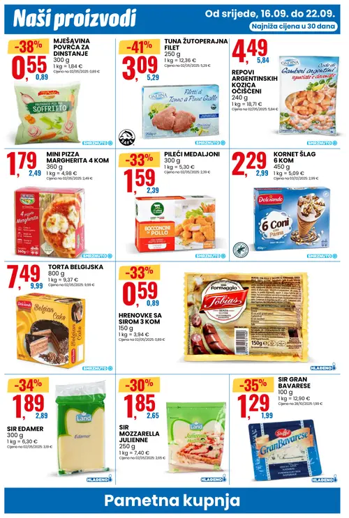 Eurospin katalog — stranica 8: ONDINA TUNA ŽUTOPERAJNA FILET, MJEŠAVINA POVRĆA ZA DISTANJE, STEFFEL SIR GRAN BAVARESE, LAND SIR EDAMER (vrijedi 16. 09. 2026.–22. 09. 2026.)