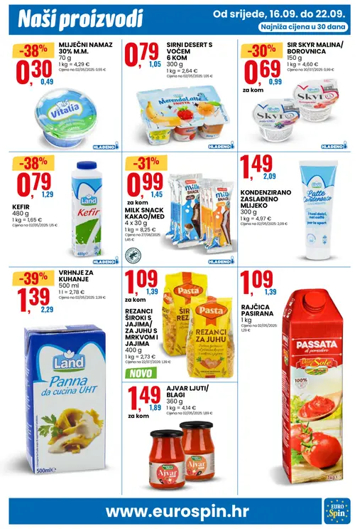Eurospin katalog — stranica 9: Land VRHNJЕ ZA KUHANJE, Land KEFIR, MLIJEČNI NAMAZ 30% M.M., Desirende MILK SNACK KAKAO/MED (vrijedi 16. 09. 2026.–22. 09. 2026.)