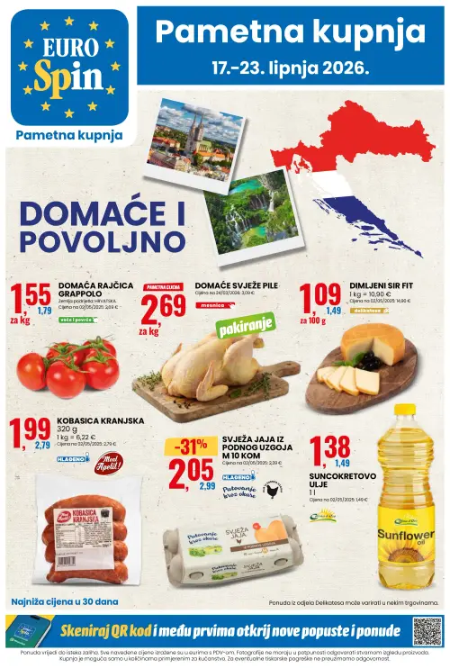 Eurospin katalog — stranica 1: Putovanje kroz okuse Svježa jaja iz podnog uzgoja M, Meat Apelit! Kobasica kranjska, Dimljeni sir Fit, Domaća rajčica grappolo (vrijedi 17. 06. 2026.–23. 06. 2026.)